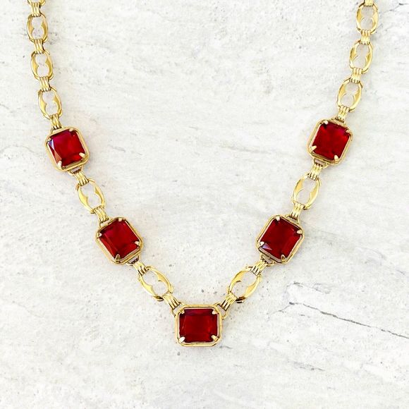 Harry S Bick Ruby Glass Gold Filled Necklace 20 In Vintage Signed Stunner - Picture 4 of 11
